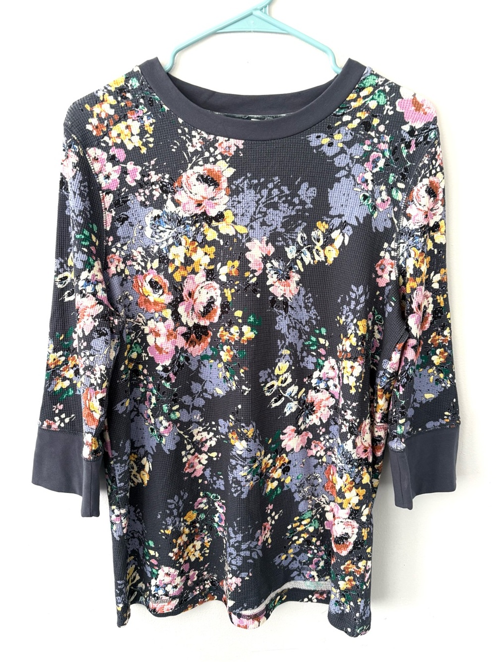 Sundance Women’s XL Blue Gray Floral Waffle Knit 3/4 Sleeve Thermal Top Shirt